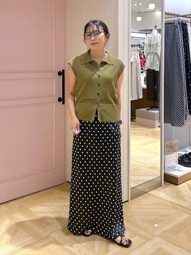「LOWRYS FARM（ローリーズファーム）のメランジポロフレンチスリーブ　1045953（ベスト、グリーン系）」を使った、おとも.さん（レディース・155cm）の夏コーディネート