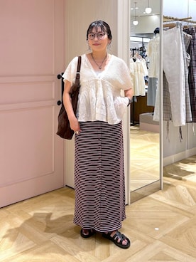 「LOWRYS FARM（ローリーズファーム）のヤワラカルイ２ＷＡＹショルダーＢＡＧ 115210（ショルダーバッグ、ブラウン系）」を使った、おとも.さん（レディース・155cm）の夏コーディネート