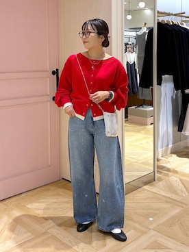 「アイテム（Tシャツ/カットソー、レッド系）」を使った、おとも.さん（レディース・155cm）の秋コーディネート