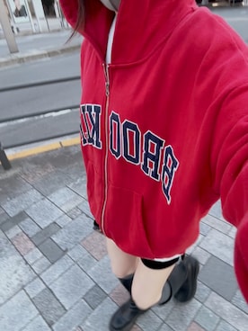 「WEGO（ウィゴー）のアイテム（パーカー、レッド系）」を使った、ゆゆさん（レディース・152cm）の春コーディネート
