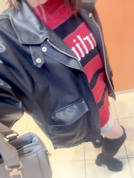 「NICE CLAUP（ナイスクラップ）のアイテム（ライダースジャケット、ブラック系）」を使った、ゆゆさん（レディース・152cm）の春コーディネート