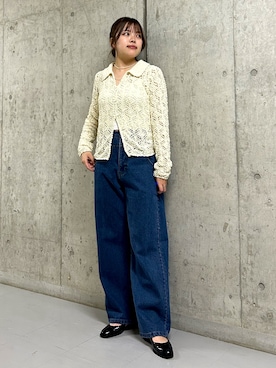 「KBF（ケイビーエフ）のクロシェレースニットシャツ（ニット/セーター、ホワイト系）」を使った、aguさん（レディース・161cm）の冬コーディネート