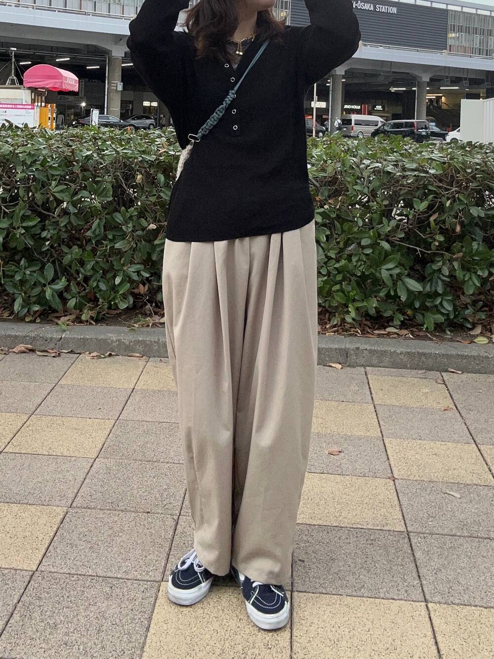 ベージュ系のその他パンツ、ブラック系のニット/セーター、その他のTシャツ/カットソーを着用したレディースの秋コーディネートの1枚目の写真