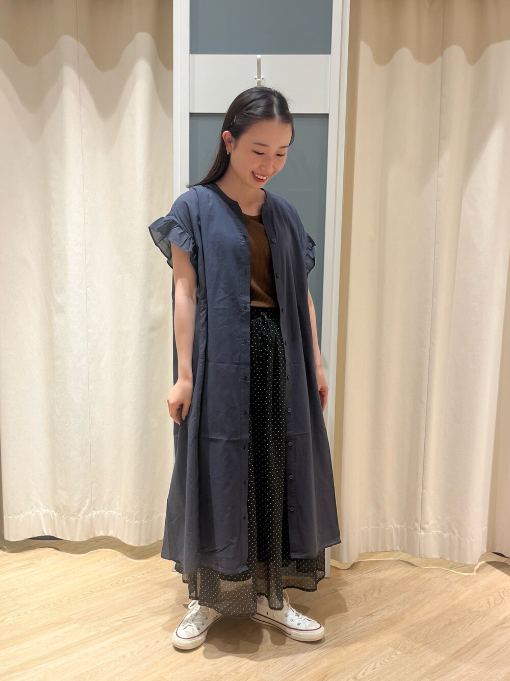 「お出かけコーデ、オトナカジュアル、楽ちんコーデ、休日スタイル、Samansa Mos2 blue」｜「Samansa Mos2 blueのリブタンク（Tシャツ/カットソー、ブラウン系）」を使った、さとうさん（レディース・159cm）の夏コーディネートの1枚目の写真