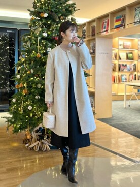「モノトーンコーデ」｜「アイテム（ノーカラーコート）」を使った、makiさん（レディース・163cm）の冬コーディネート