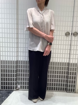「TOKYO SHIRTS（トウキョウシャツ）の接触冷感 ジョーゼット ボウタイ ブラウス 半袖（シャツ/ブラウス、ベージュ系）」を使った、BRICK HOUSE シャツ工房 東松山ピオニウォーク店さん（レディース・156cm）の春コーディネート