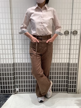 「TOKYO SHIRTS（トウキョウシャツ）の【超形態安定】 形態安定ノンアイロン レギュラー 7分袖ビジネスワイシャツ（ビジネスシャツ、ピンク系）」を使った、BRICK HOUSE シャツ工房 東松山ピオニウォーク店さん（レディース・150cm）の夏コーディネート