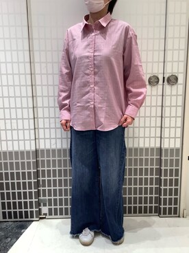 「TOKYO SHIRTS（トウキョウシャツ）の【Pitta Re:)】ふわっとガーゼシャツ ワイドシルエット 長袖 綿100% レディース カジュアルシャツ（シャツ/ブラウス、ピンク系）」を使った、BRICK HOUSE シャツ工房 東松山ピオニウォーク店さん（レディース・156cm）の春コーディネート