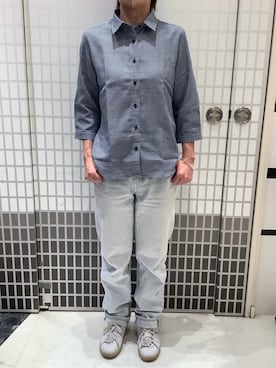 「TOKYO SHIRTS（トウキョウシャツ）の【Pitta Re:)】ふわっとガーゼシャツ レギュラーシルエット 七分袖 綿100% レディース カジュアルシャツ（シャツ/ブラウス、ブルー系）」を使った、BRICK HOUSE シャツ工房 東松山ピオニウォーク店さん（レディース・156cm）の春コーディネート