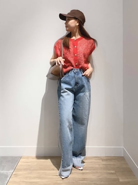 「赤ニット」｜MUNEHISAさん（レディース・153cm）の夏コーディネート