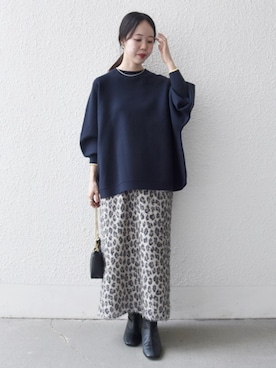 「SHIPS any（シップス エニィ）のSHIPS any:〈手洗い可能〉レオパード ジャカード Iライン イージー スカート（スカート）」を使った、山内さん（レディース・153cm）の秋コーディネート