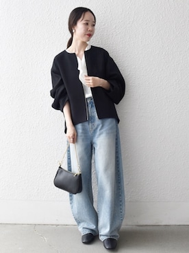 「アイテム（ノーカラージャケット）」を使った、山内さん（レディース・153cm）の秋コーディネート