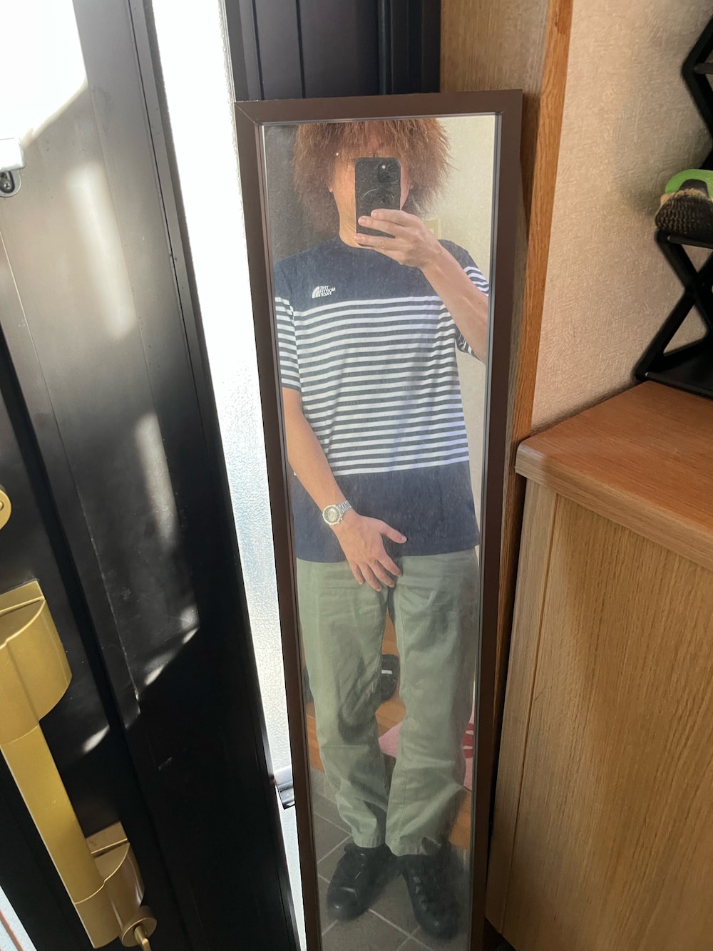 「メンズファッション、40代コーデ、オトナカジュアル」｜「THE NORTH FACEのノースフェイス　ボーダーTシャツ　ネイビー（Tシャツ/カットソー、その他）」を使った、169男さん（メンズ・169cm）の夏コーディネートの1枚目の写真