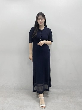 「natural couture（ナチュラルクチュール）のシアーデザインニットワンピース（ワンピース、ブルー系）」を使った、airiさん（レディース・161cm）の夏コーディネート