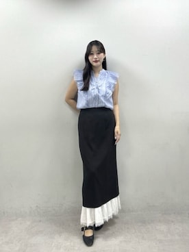 「natural couture（ナチュラルクチュール）のシアープリントラッフルブラウス（シャツ/ブラウス、その他）」を使った、airiさん（レディース・161cm）の春コーディネート