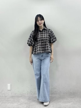 「natural couture（ナチュラルクチュール）のTCブロードシャーリングパフスリーブブラウス（シャツ/ブラウス、ブラウン系）」を使った、airiさん（レディース・161cm）の夏コーディネート