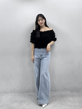「natural couture（ナチュラルクチュール）のゆるストレートストレッチセルフカットデニムパンツ（デニムパンツ、ブルー系）」を使った、airiさん（レディース・161cm）の夏コーディネート