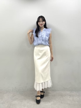 「natural couture（ナチュラルクチュール）のシアープリントラッフルブラウス（シャツ/ブラウス、その他）」を使った、airiさん（レディース・161cm）の春コーディネート