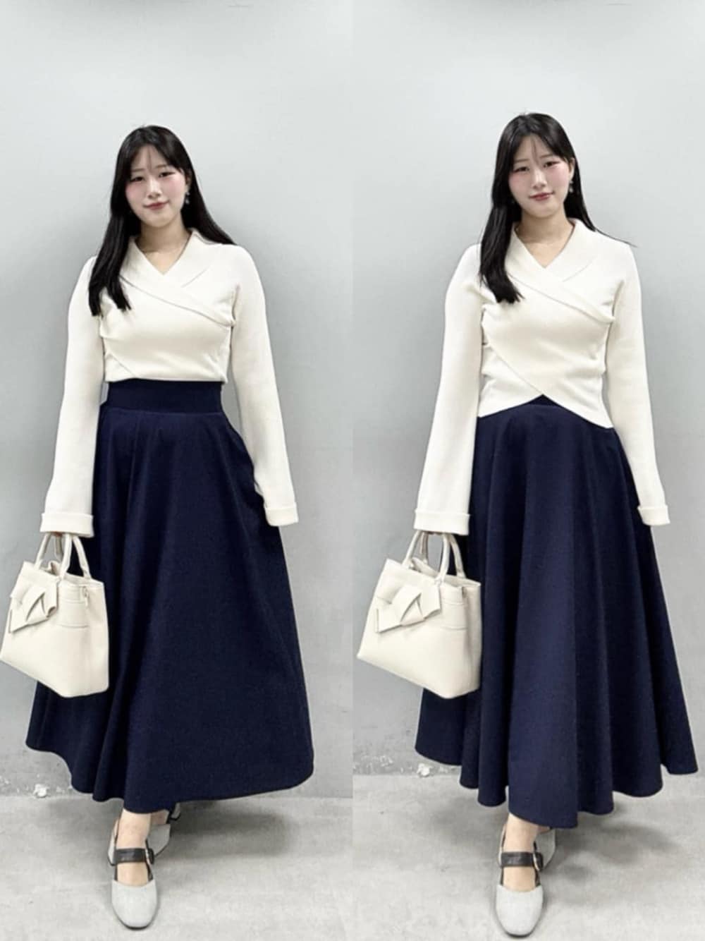 ホワイト系のショルダーバッグ、ホワイト系のニット/セーターを着用したレディースの春コーディネートの1枚目の写真