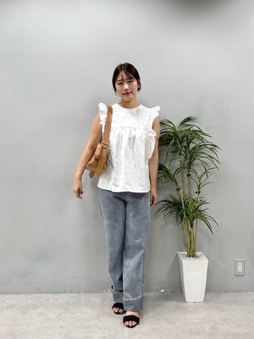 ブラウス シャツ 「WEB限定」デニム刺繍フリルブラウス レディース natural couture｜【WEB限定】デニム刺繍フリルブラウス