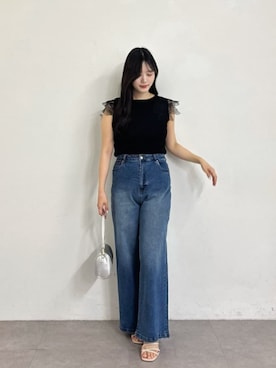 「natural couture（ナチュラルクチュール）のゆるストレートストレッチセルフカットデニム（デニムパンツ、ブルー系）」を使った、airiさん（レディース・161cm）の夏コーディネート