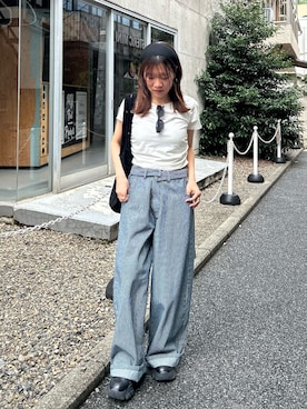 「RAY CASSIN（レイカズン）のラインストーンロゴチビTシャツ（Tシャツ/カットソー、ホワイト系）」を使った、asamiさん（レディース・152cm）の夏コーディネート
