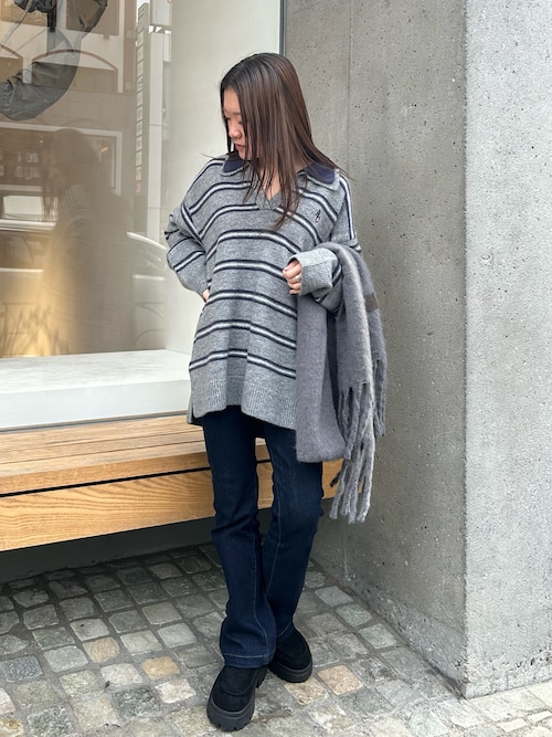 【2サイズ展開】ボーダースキッパーポロ刺繍ニット