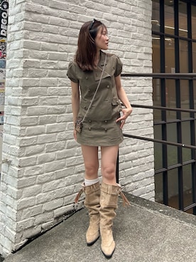 「RAY CASSIN（レイカズン）の【セットアップ対応】ナポレオンパフスリーブシャツ / ブラウス（シャツ/ブラウス、グリーン系）」を使った、asamiさん（レディース・152cm）の夏コーディネート