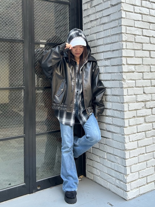 袖スリットフードチェックシャツ