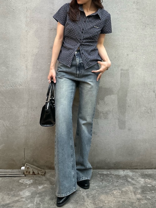 【7色展開  ラインストーン / ドット/ ストライプ / チェック】胸刺繍コンパクト半袖シャツ