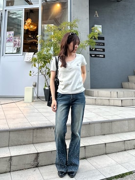 「RAY CASSIN（レイカズン）の【無地 / ボーダー】胸刺繍Uネックヘンリー半袖Tシャツ（Tシャツ/カットソー、ホワイト系）」を使った、asamiさん（レディース・152cm）の春コーディネート