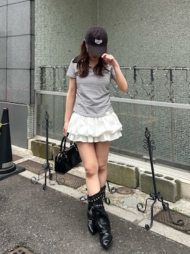 「RAY CASSIN（レイカズン）のマルチボーダー胸刺繍半袖ポロ（Tシャツ/カットソー、ブラック系）」を使った、asamiさん（レディース・152cm）の春コーディネート