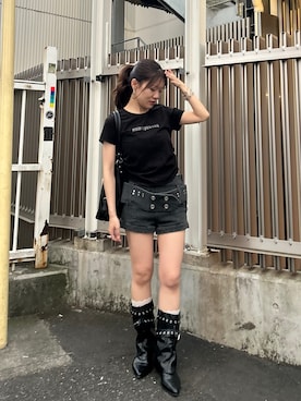 「RAY CASSIN（レイカズン）のラインストーンロゴチビTシャツ（Tシャツ/カットソー、ブラック系）」を使った、asamiさん（レディース・152cm）の春コーディネート