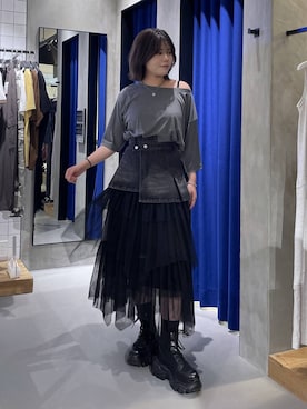 「PAGEBOY（ページボーイ）のレースアップソックスブーツ（ブーツ、ブラック系）」を使った、megumiさん（レディース・170cm）の夏コーディネート
