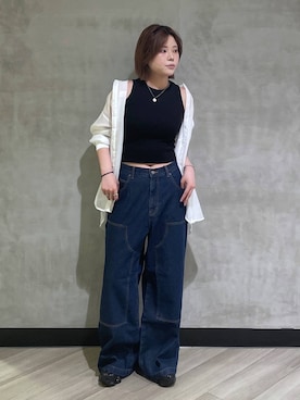 「PBLIM（ページボーイリム）の《UNISEX/３サイズ展開》ペインターバギデニム（デニムパンツ、ブルー系）」を使った、megumiさん（レディース・170cm）の春コーディネート