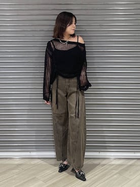 「PAGEBOY（ページボーイ）のハトメベルトミュール（サンダル、ブラック系）」を使った、megumiさん（レディース・170cm）の夏コーディネート