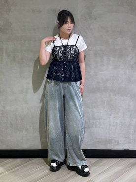 「PAGEBOY（ページボーイ）の＜まるでデニム見え！/紫外線カット/接触冷感/ストレッチ＞マルデニコクーンパンツ（デニムパンツ、ブルー系）」を使った、megumiさん（レディース・170cm）の夏コーディネート