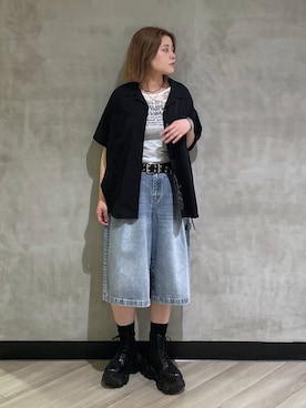 「PAGEBOY（ページボーイ）のレースアップソックスブーツ（ブーツ、ブラック系）」を使った、megumiさん（レディース・170cm）の春コーディネート
