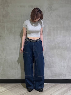 「PBLIM（ページボーイリム）の《UNISEX/３サイズ展開》ペインターバギデニム（デニムパンツ、ブルー系）」を使った、megumiさん（レディース・170cm）の春コーディネート