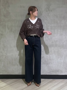 「PAGEBOY（ページボーイ）のスカシリーフニットボレロ 【一部カラーWEB限定】（カーディガン/ボレロ、ブラウン系）」を使った、megumiさん（レディース・170cm）の春コーディネート