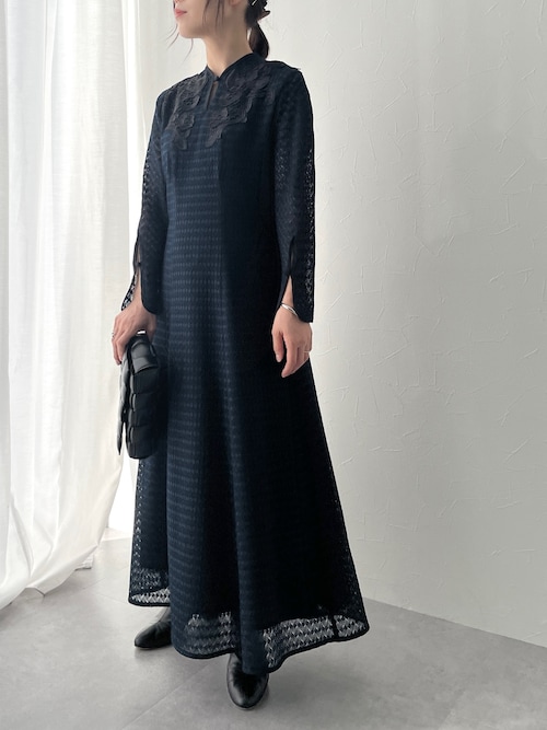 Callarusモチーフレース使いデザイン総レースワンピースドレス ブラック