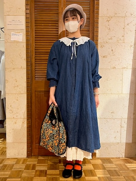 「デニムワンピース」｜「アイテム（ハンチング/ベレー帽）」を使った、柚さん（レディース・163cm）の夏コーディネート