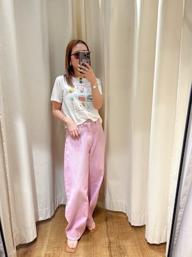 「Ungrid（アングリッド）のフォトプリントコンパクトTee（Tシャツ/カットソー、ホワイト系）」を使った、増田理佳子さん（レディース・156cm）の春コーディネート
