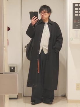 「LIDNM（リドム）のCow Hide Collar Riding Coat（ステンカラーコート、ブラック系）」を使った、shusoさん（メンズ・170cm）の春コーディネート
