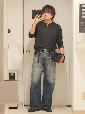 「WYM LIDNM（ウィム バイ リドム）のREFINED WAFFLE HENLEY NECK L/S TEE（Tシャツ/カットソー、ブラック系）」を使った、shusoさん（メンズ・170cm）の春コーディネート