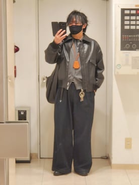 「WYM LIDNM（ウィム バイ リドム）のDETACHABLE BOA ARTIFICIAL GRAIN FLIGHT BLOUSON（ブルゾン、ブラック系）」を使った、shusoさん（メンズ・170cm）の春コーディネート