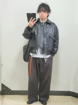 「WYM LIDNM（ウィム バイ リドム）のDETACHABLE BOA ARTIFICIAL GRAIN FLIGHT BLOUSON（ブルゾン、ブラック系）」を使った、shusoさん（メンズ・170cm）の春コーディネート