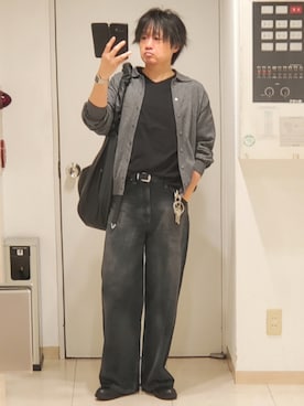 「WYM LIDNM（ウィム バイ リドム）のEXTRA FINE COTTON BASIC TEE -SLIM CROPPED FIT-(V-NECK / CREW-NECK)（Tシャツ/カットソー、ブラック系）」を使った、shusoさん（メンズ・170cm）の春コーディネート