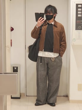 「WYM LIDNM（ウィム バイ リドム）のARTIFICIAL GRAIN / FAUX SUEDE ZIP BLOUSON（ブルゾン、ブラウン系）」を使った、shusoさん（メンズ・170cm）の春コーディネート