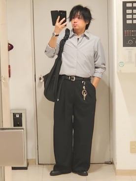 「WYM LIDNM（ウィム バイ リドム）のARC CURVED AMUNDSEN SLACKS（スラックス、ブラック系）」を使った、shusoさん（メンズ・170cm）の春コーディネート